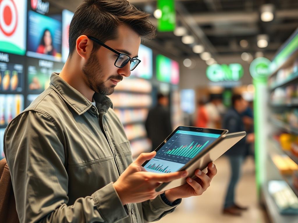 A hyper-realistic close-up shot of a modern retail store's digital transformation in action. The image should feature an employee using a tablet to analyze customer data while surrounded by high-tech displays and smart retail technology. The background should be blurred, focusing on the employee and the tablet screen, showcasing graphs and analytics. The overall lighting should be bright and inviting, capturing the essence of innovation and customer engagement. The color scheme should harmonize with a prima