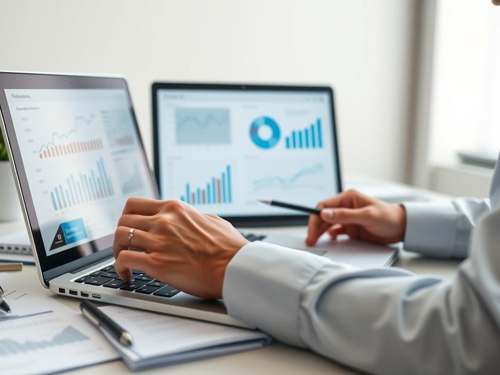 A close-up shot of a consultant analyzing data on a laptop, with charts and graphs visible on the screen. The consultant appears focused and engaged, with notes and documents scattered around. The background is clean and professional, emphasizing the analytical aspect of the process.