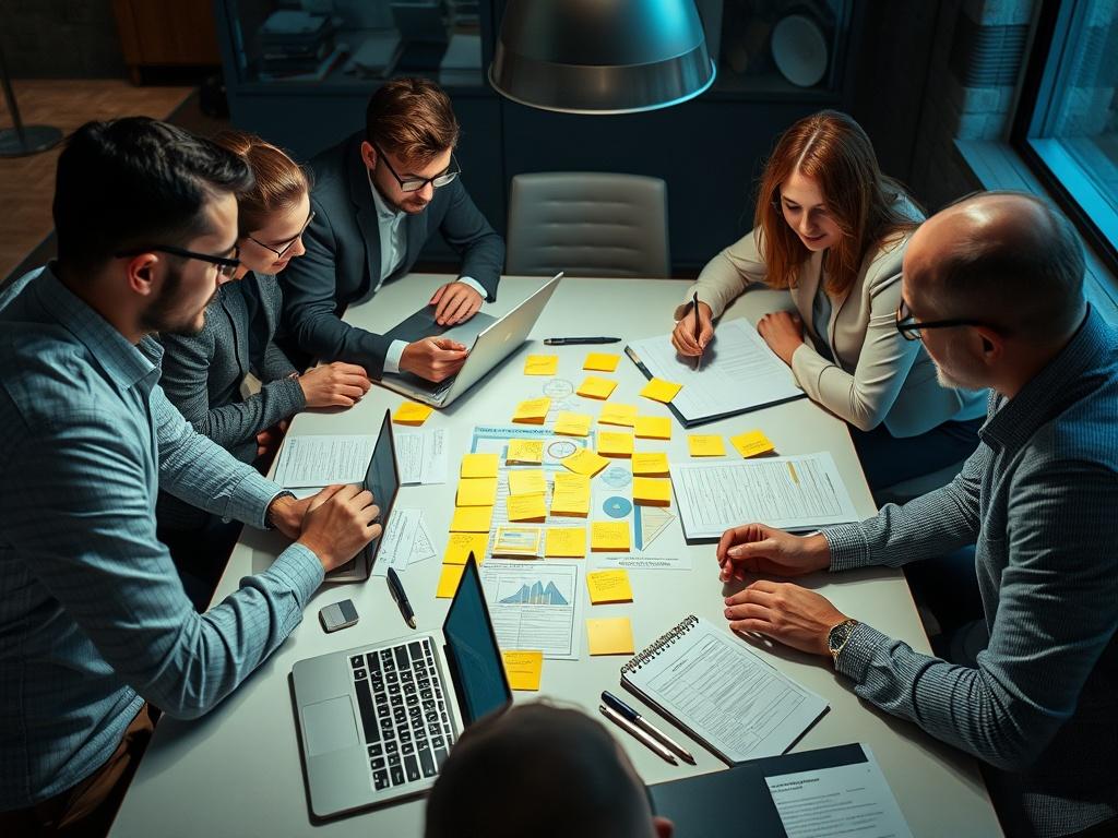 A close-up shot of a group of consultants brainstorming around a table, with sticky notes, laptops, and documents visible. The atmosphere is dynamic and collaborative, showcasing teamwork and creativity in strategy development.