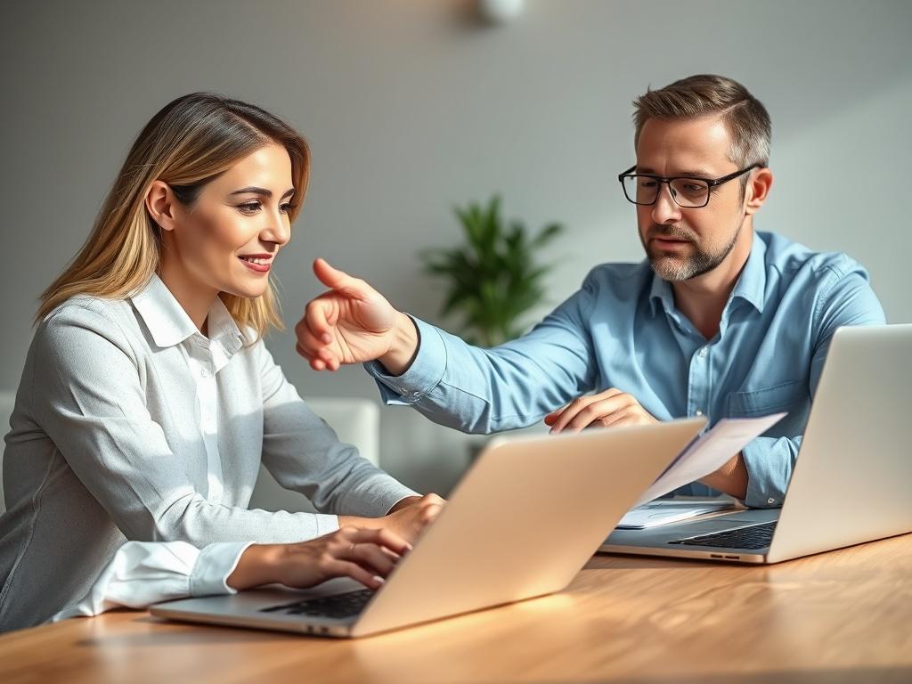 A close-up shot of a professional consultant engaged in a discussion with a client, both seated at a table with laptops open. The consultant is pointing at a document, illustrating their ideas. The background is simple and modern, creating a professional atmosphere, with natural light enhancing the scene.