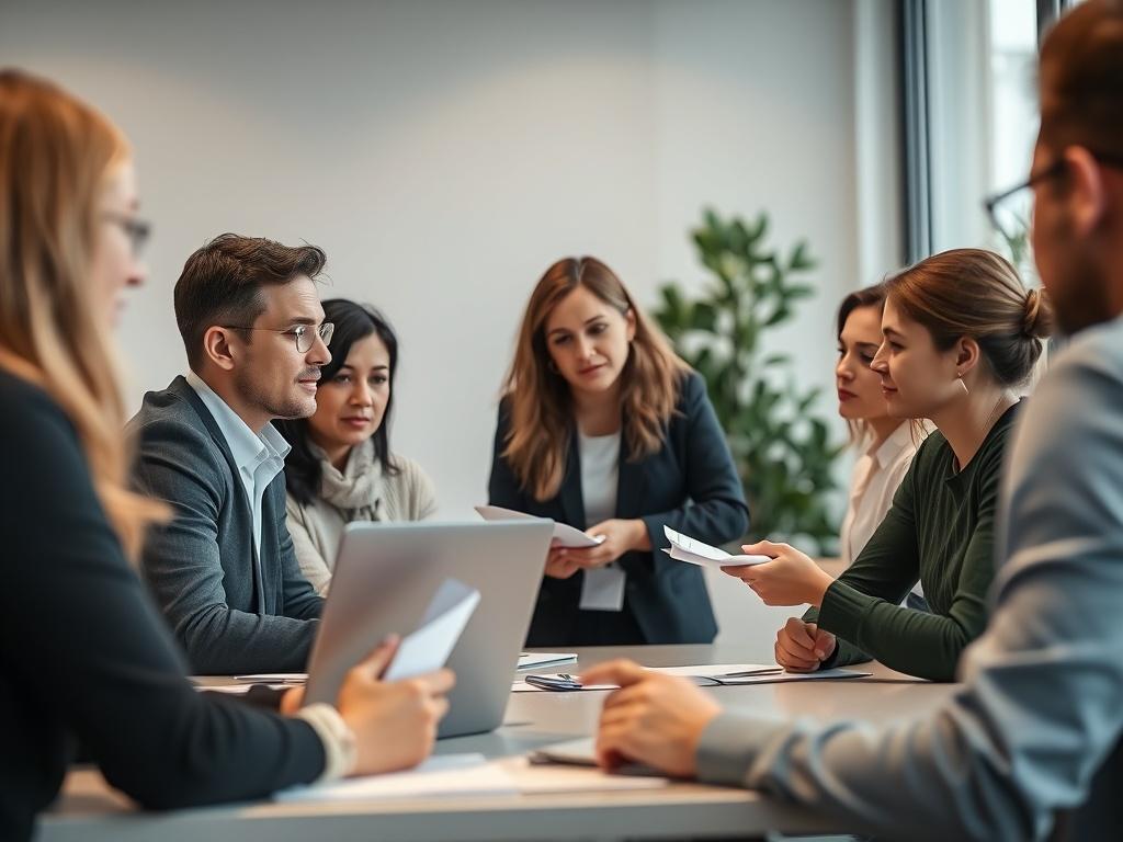 A close-up shot of a trainer conducting a workshop with a group of employees. The trainer is demonstrating a new software tool with a laptop, while employees actively engage and take notes. The setting is modern and conducive to learning.