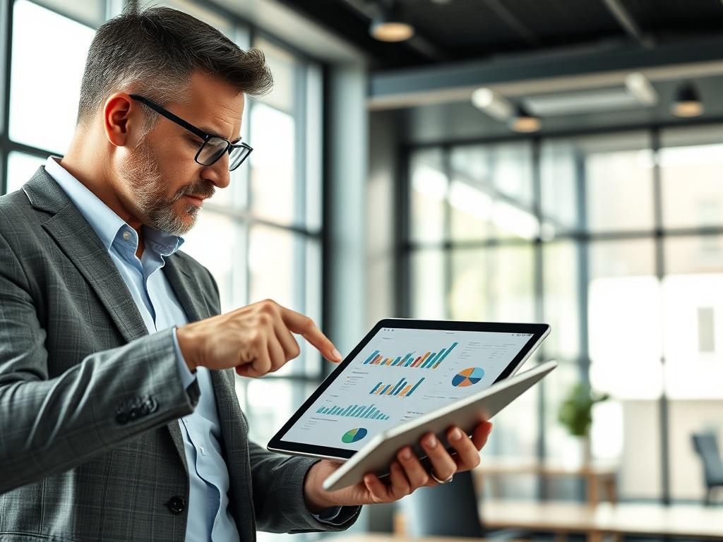 A close-up shot of a business consultant and a client engaged in a strategic planning session. The consultant is pointing at a digital tablet displaying charts and data, while the client looks attentive and engaged. The background is a modern office setting with a large window letting in natural light. The image should capture a collaborative and professional atmosphere, emphasizing the importance of strategic guidance and mentoring.