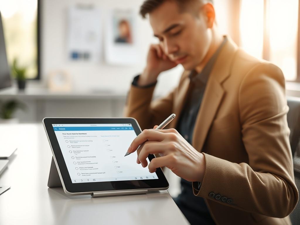 A close-up shot of a person thoughtfully completing a questionnaire on a digital tablet. The setting is a modern office environment, with a sleek desk and soft natural light illuminating the workspace. The focus is on the tablet, showcasing the questionnaire interface, while the background remains slightly blurred to emphasize the subject.