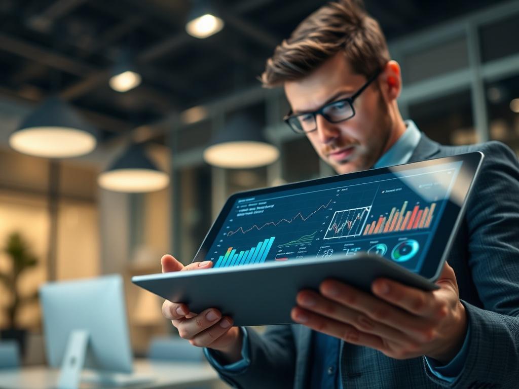 A close-up shot of a professional consultant analyzing data on a futuristic tablet. The background is a modern office setting with soft lighting, emphasizing a high-tech atmosphere. The consultant is focused, wearing professional attire, and the tablet screen displays graphs and AI-related data in vibrant colors, capturing the essence of digital transformation.