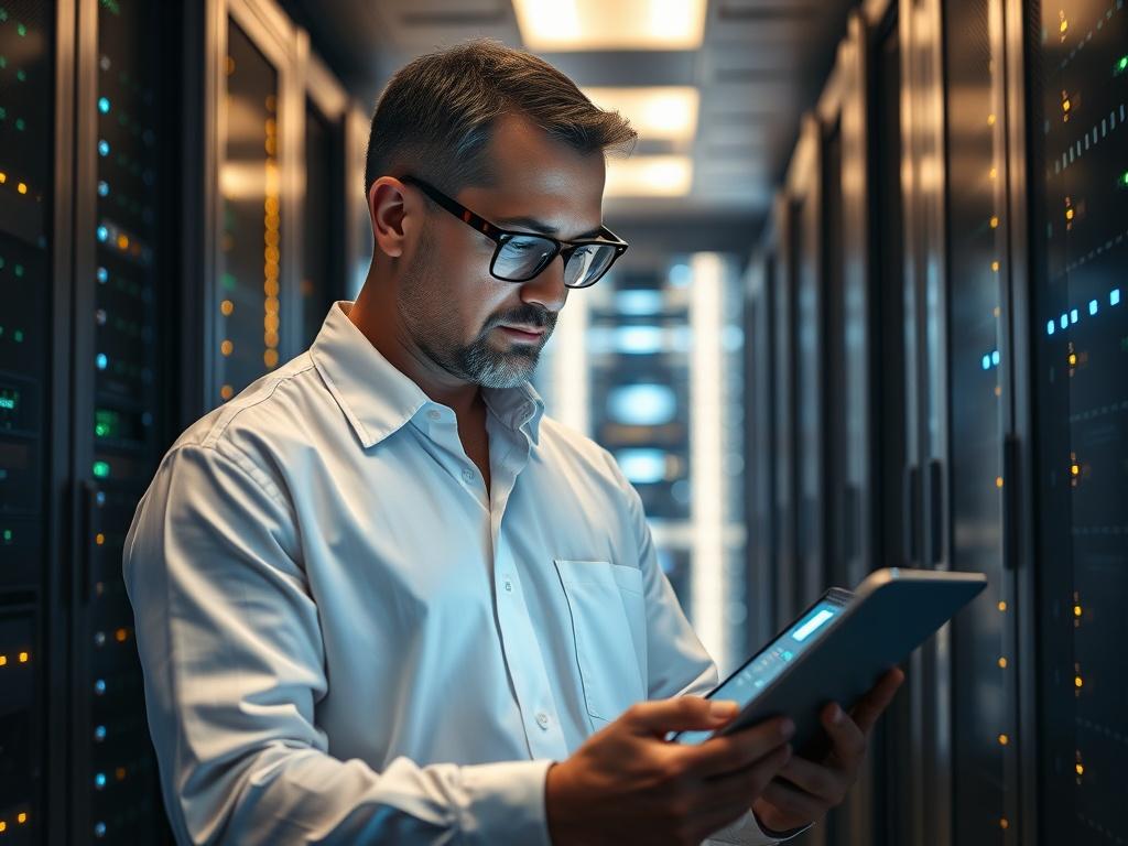 A high-resolution close-up shot of a professional examining a computer server room. The image should focus on a technician, wearing a white shirt and glasses, analyzing digital data on a tablet. The background should be a modern server room with illuminated server racks, creating a high-tech atmosphere. The composition should be clear and simple, emphasizing the technician's engagement with the technology.