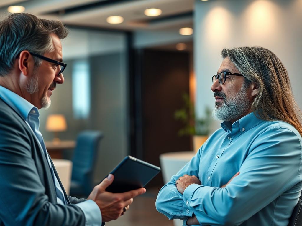 A close-up shot of a professional consultant engaged in a discussion with a client in a modern office setting. The consultant is focused and attentive, taking notes on a tablet, while the client, a business owner, appears engaged and interested. The background features a sleek, contemporary office environment with soft, ambient lighting, emphasizing a collaborative atmosphere. The color palette incorporates the primary color rgb(50, 170, 39) subtly in decor elements, enhancing the professional vibe.