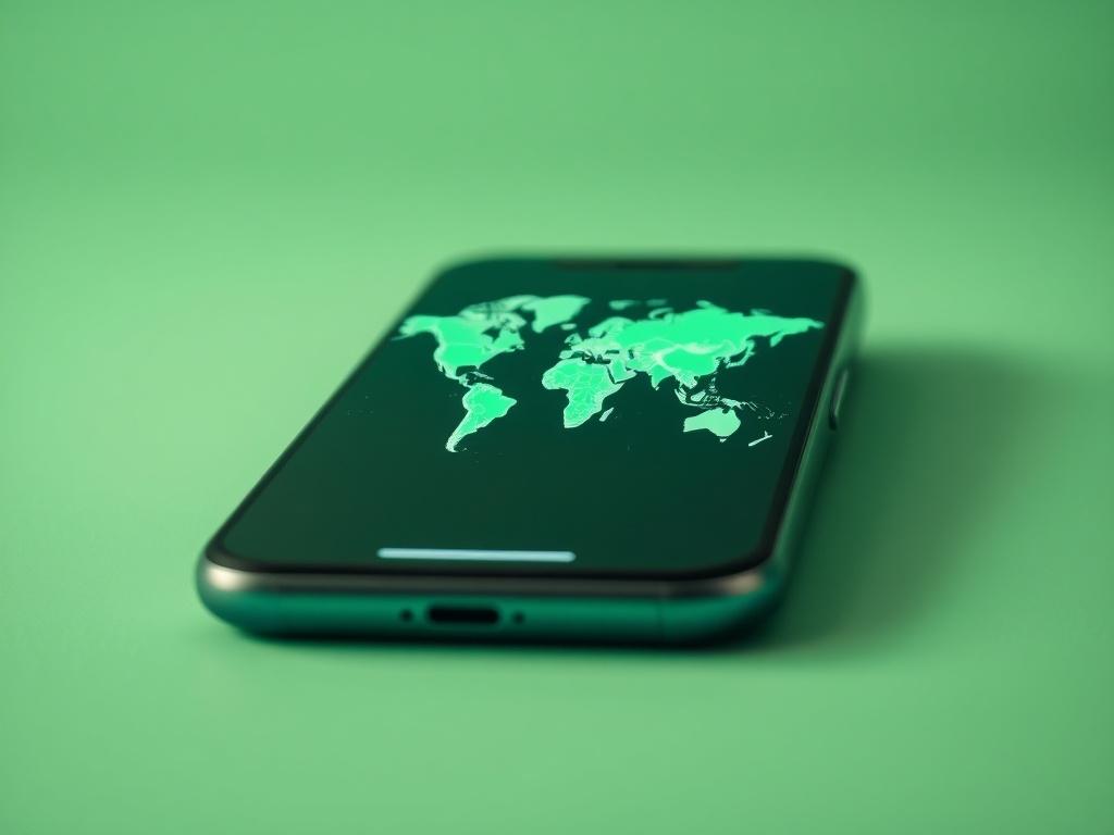 A close-up shot of a sleek, modern eSIM-ready smartphone displaying a vibrant global map on its screen, symbolizing connectivity. The background is softly blurred to focus on the phone, highlighting its features and design. The color palette includes shades of green to match the primary color rgb(50, 170, 39), creating a fresh and innovative feel. The composition is simple, with only the phone as the subject, evoking a sense of advanced technology and global readiness.