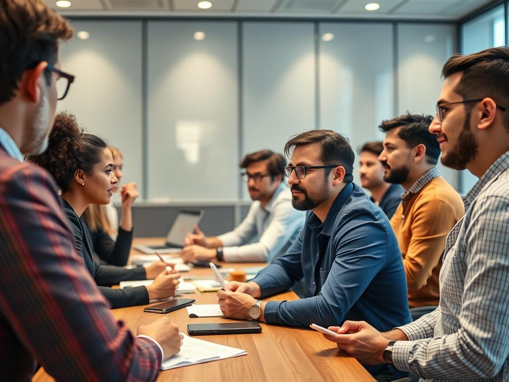 A diverse team in a conference room, participating in a training session led by a consultant. The room is equipped with modern tech tools, and participants are engaged and taking notes.
