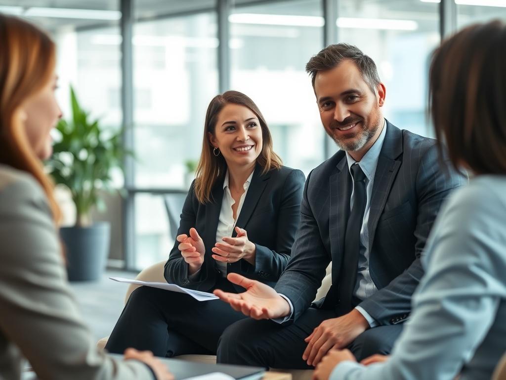 A professional business meeting in a modern office, with a consultant listening attentively to a client discussing their needs. The focus is on the consultant, with a soft-focus background of a contemporary office space, featuring greenery and sleek furniture.
