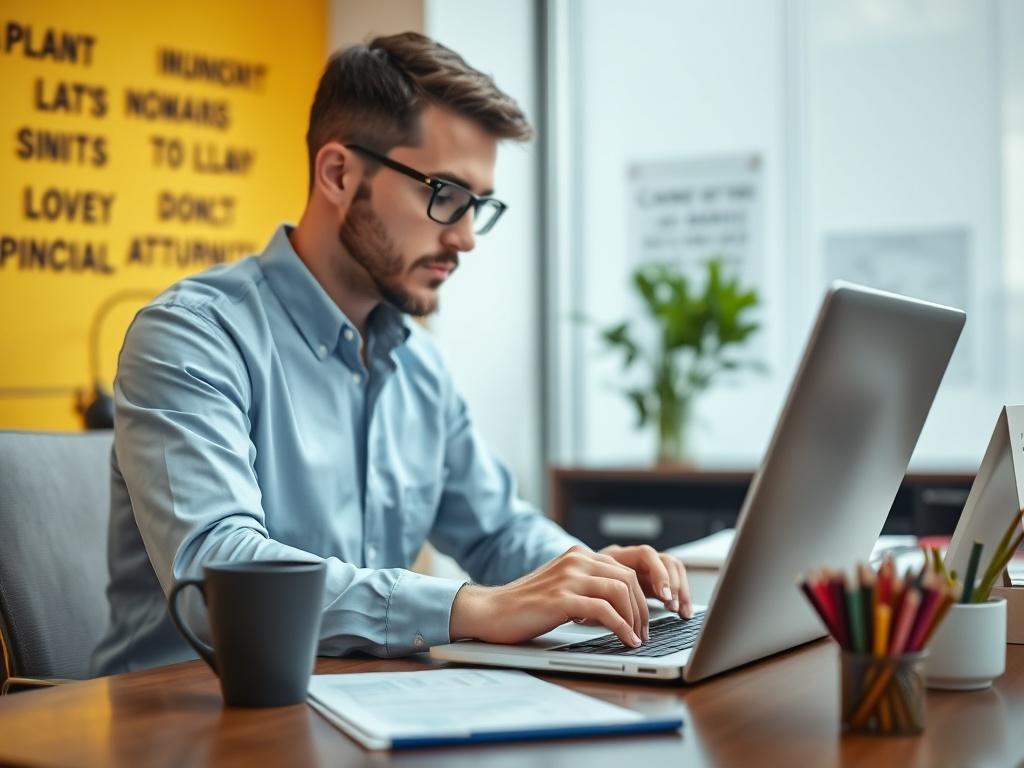 A consultant working at a desk, analyzing data on a laptop with charts and graphs displayed. The background features a bright, modern office with motivational quotes on the walls.