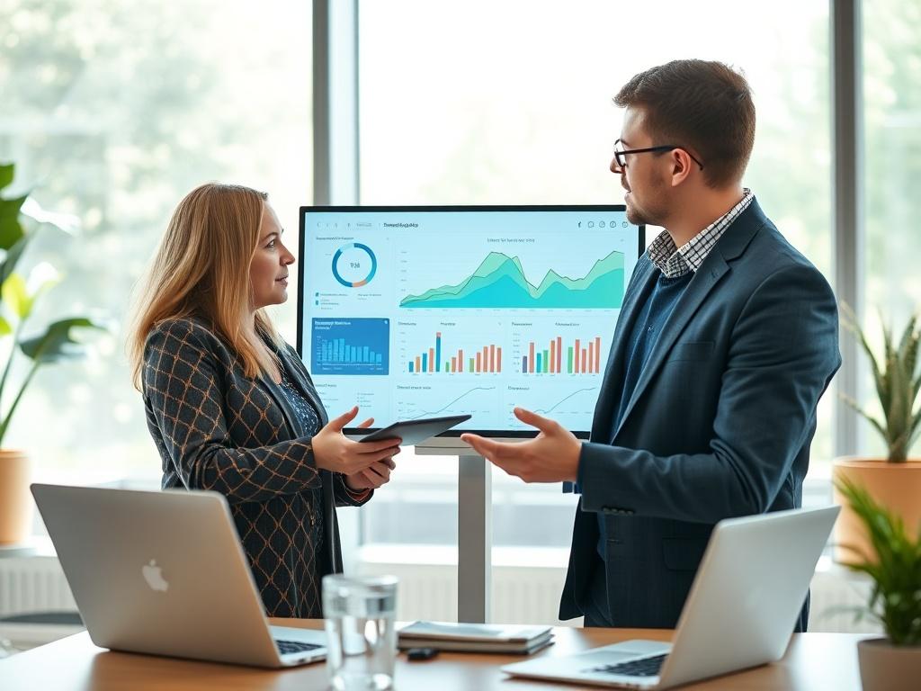 A consultant reviewing performance metrics on a digital dashboard with a client, discussing improvements. The setting is a bright office space with large windows and greenery visible outside.