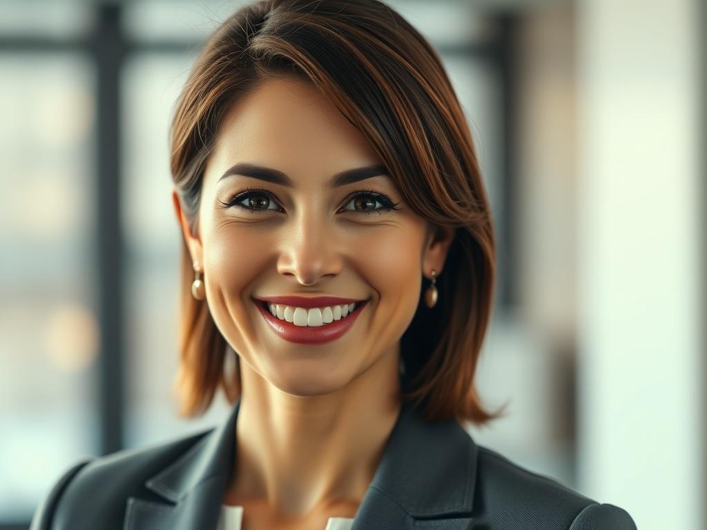 A close-up shot of a professional woman in her 30s, smiling confidently against a blurred office background. She has shoulder-length brown hair and is wearing a smart, tailored blazer. The lighting is soft and warm, highlighting her friendly expression. The primary color theme of the image should align with rgb(50, 170, 39) to match the branding of KNW Technology Consulting.