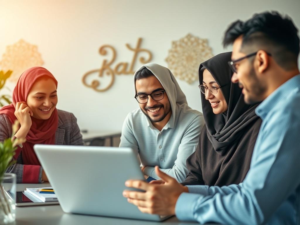 A realistic high-resolution photo showcasing a diverse group of professionals engaged in a digital consulting session. The scene captures a startup team in the halal industry, with a focus on a male and female consultant discussing digital strategies over a laptop. The background includes a modern office setting with subtle halal-themed decor, such as Arabic calligraphy or decorative elements. The lighting is warm and inviting, emphasizing collaboration and innovation.