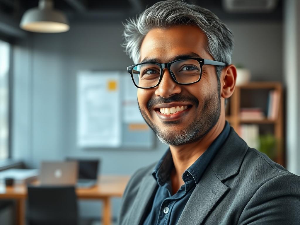 A close-up shot of a confident and smiling South Asian man in a professional setting, wearing a smart-casual outfit. He has salt and pepper hair and glasses, radiating warmth and approachability. The background is softly blurred, featuring office elements such as bookshelves and a desk with a laptop. The lighting is bright and inviting, creating a positive atmosphere.