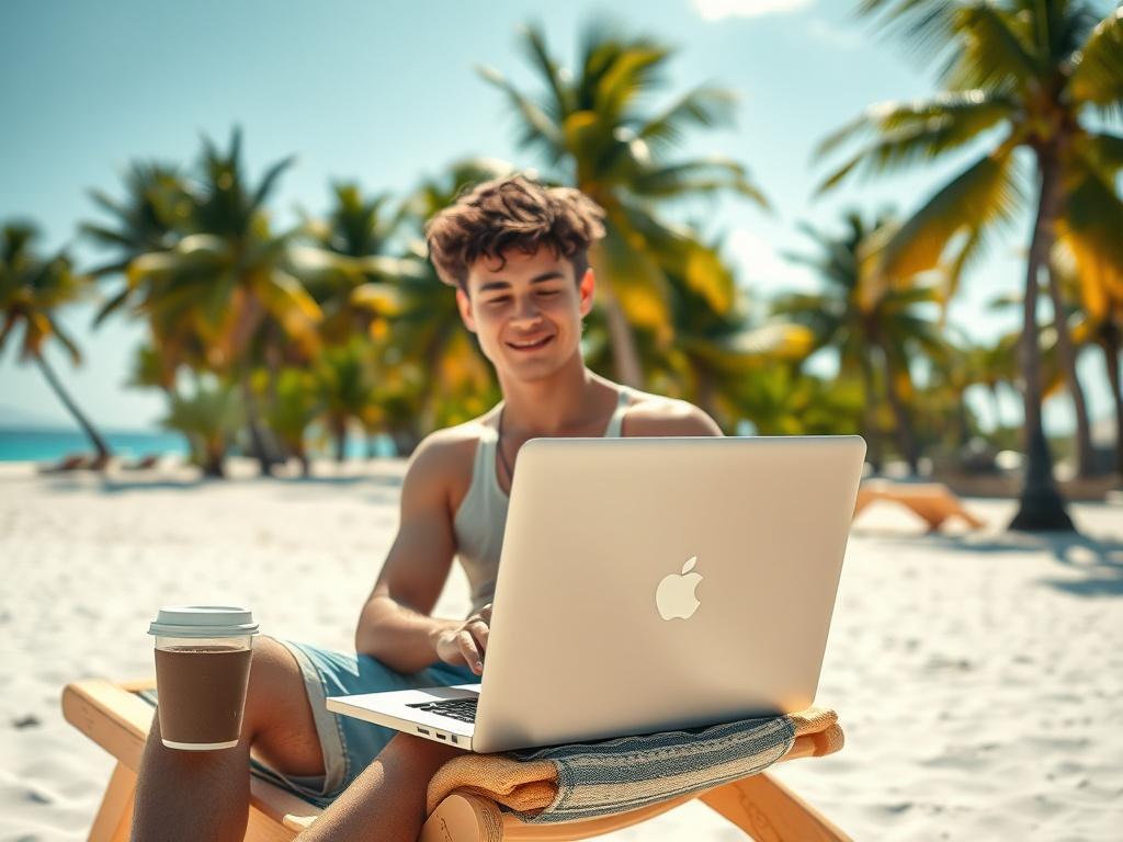 A digital nomad working on a laptop at a beach in Southeast Asia. The scene captures a serene beach with white sand and clear blue water, with palm trees in the background. The nomad, a young adult with a relaxed demeanor, is sitting on a beach chair with a laptop open, wearing casual beach attire. The sun is shining, casting a warm glow on the scene, and a coffee cup is placed beside the laptop. The overall atmosphere is vibrant and inviting, illustrating the ideal lifestyle of a digital nomad in ASEAN.