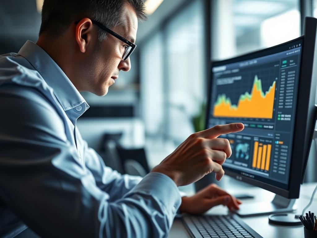 A focused, hyper-realistic close-up shot of a technology consultant analyzing data on a computer screen. The screen displays graphs and metrics, reflecting ongoing monitoring and support for a client. The consultant is engaged and attentive, wearing professional attire, with a modern, clean office background. The lighting emphasizes the screen's glow, highlighting the consultant's focus on delivering valuable insights.