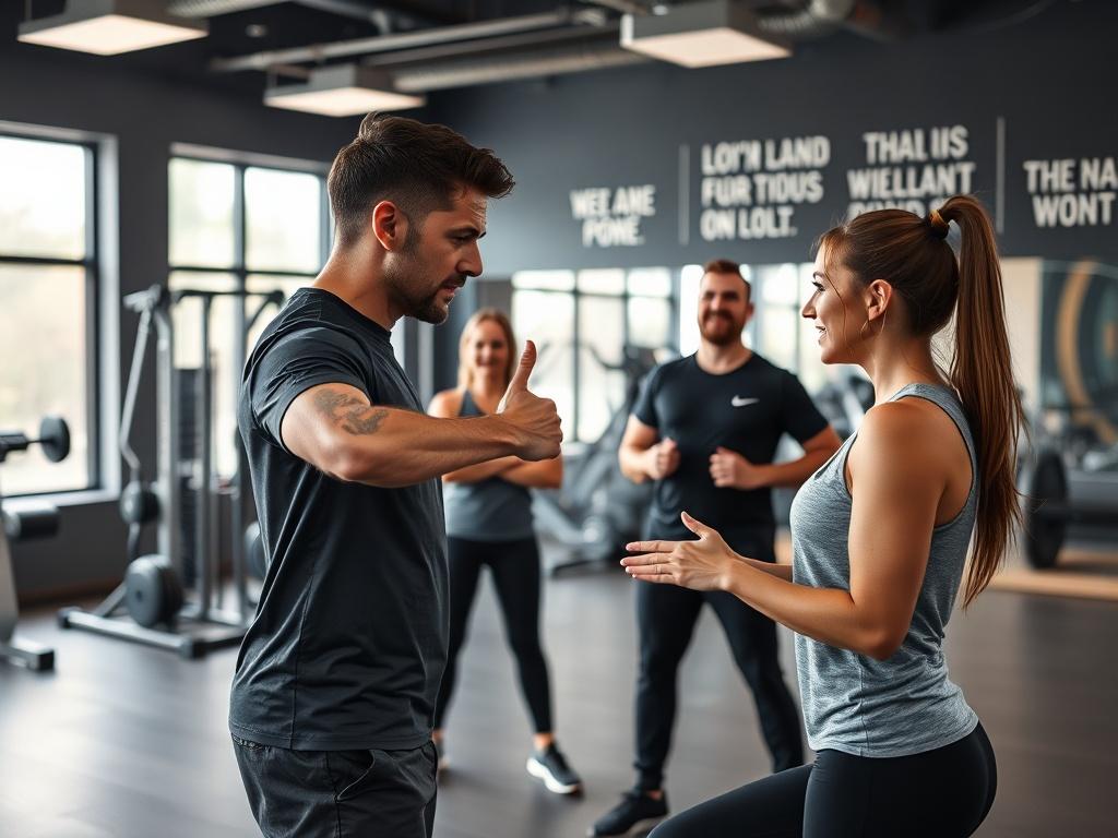 A hyper-realistic close-up photo of a fitness studio environment, showcasing a personal trainer interacting with a small group of clients during a workout session. The trainer is demonstrating an exercise while clients engage attentively, with fitness equipment in the background and motivational quotes on the walls. The lighting is bright and vibrant, creating an energetic atmosphere. The photo should have a focus on the trainer and clients, captured with a 45mm f/1.2 lens style.