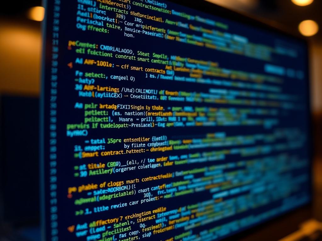 A hyper-realistic close-up shot of a blockchain code displayed on a computer screen, with a blurred office background. The focus is on the screen, showcasing intricate code and smart contract details. The lighting is warm and inviting, emphasizing the complexity and innovation of blockchain technology. The image captures a sense of modernity and professionalism.