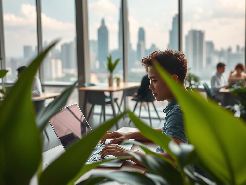 A vibrant scene of a digital nomad working remotely in a co-working space in Kuala Lumpur, Malaysia. The image should capture the essence of remote work with a laptop open, surrounded by tropical plants and a clear view of the city skyline in the background. The lighting should be bright and inviting, highlighting the modern workspace and the diversity of people working around. The overall composition should be simple and focused on one individual, creating a sense of inspiration and productivity.