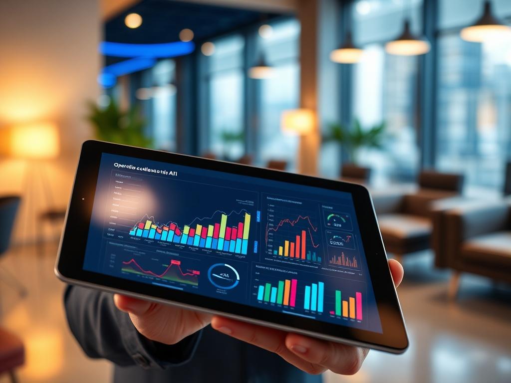 A close-up shot of a business professional analyzing data on a digital tablet with AI analytics graphs displayed. The background features a modern office setting with sleek furniture and ambient lighting. The focus is on the tablet screen, showcasing colorful AI-generated data visualizations, while the professional looks engaged and thoughtful, representing operational excellence through AI integration.