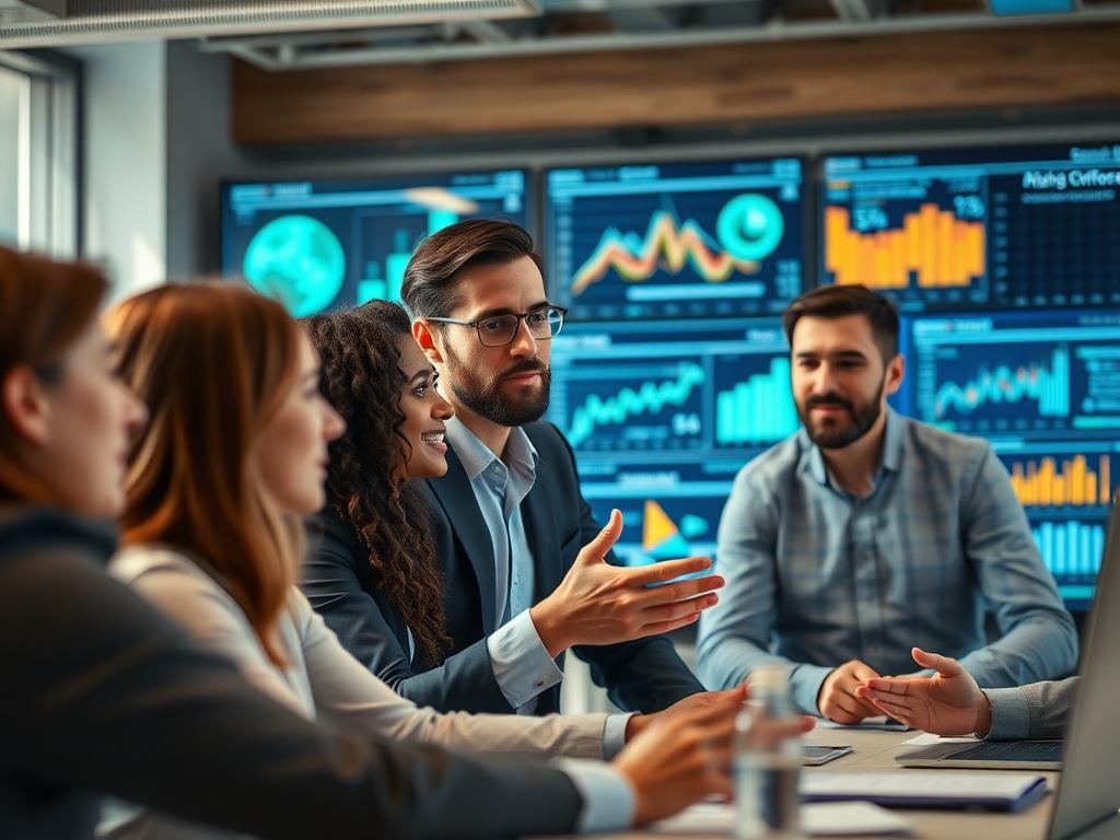 A close-up shot of a diverse group of professionals engaged in a brainstorming session around a digital transformation strategy. The setting should convey a modern office environment, with digital screens displaying analytics and data insights in the background. The participants should be actively discussing and collaborating, showcasing a sense of innovation and teamwork. The lighting should be bright and inviting, emphasizing the energy of the session.