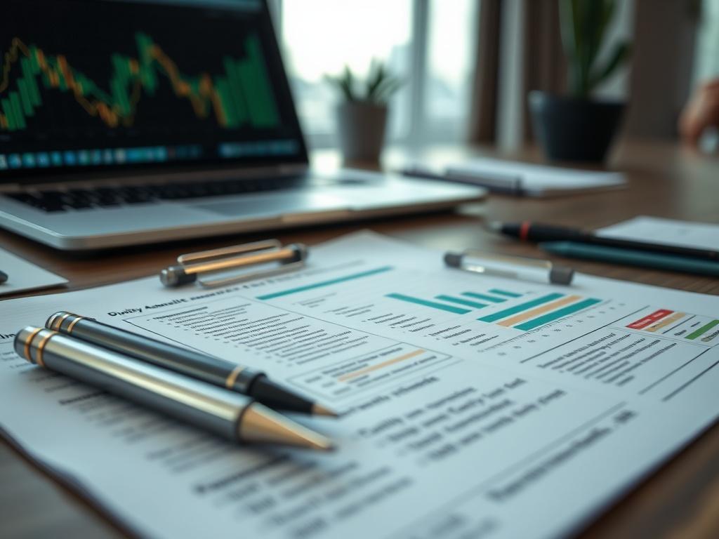 A high-resolution close-up image of a quality assurance report on a desk, featuring a pen and a laptop in the background. The report has detailed graphs and checklists visible, illustrating thorough testing and monitoring processes. The focus should be sharp on the report, while the background is softly blurred to emphasize the subject. The color palette leans towards greens to match the rgb(50, 170, 39) primary color, creating a professional and inviting atmosphere.