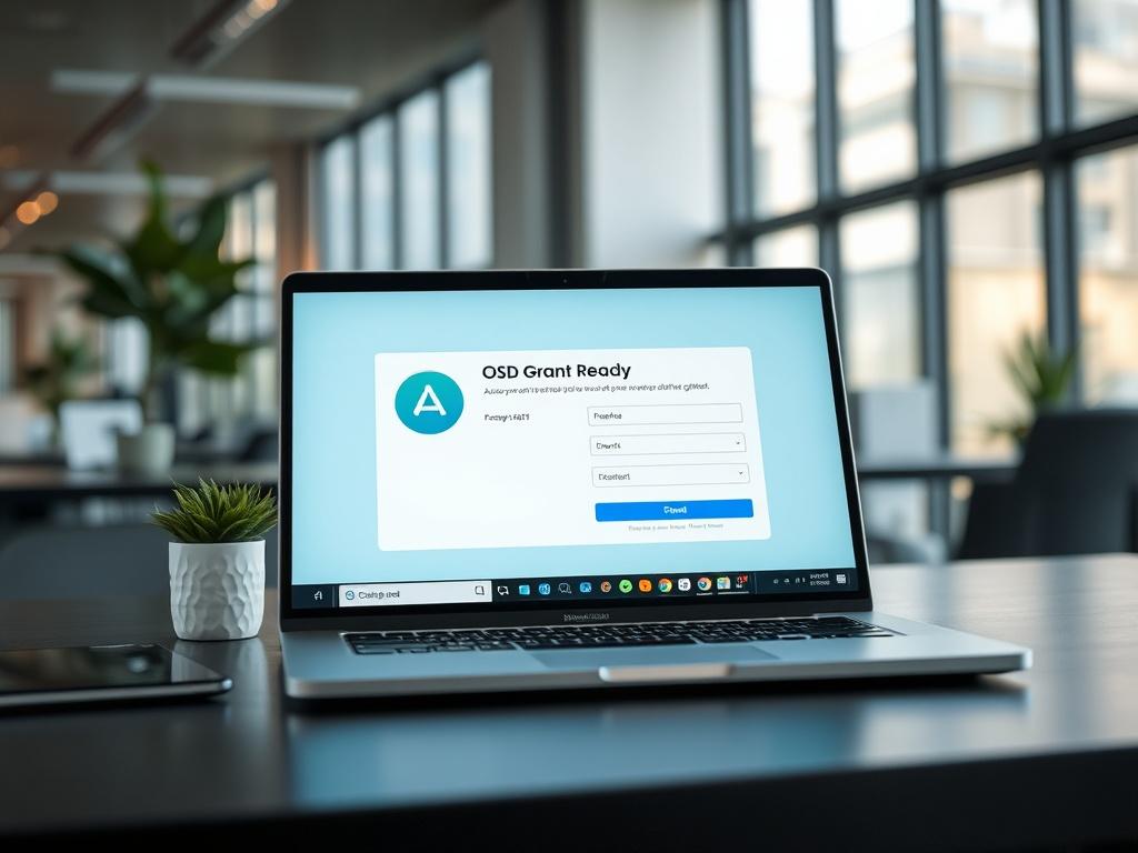 A hyper-realistic close-up shot of a modern digital workspace featuring a laptop displaying the OSD Grant Ready application form. The background should be a clean and minimalistic office environment with a hint of greenery. The image should reflect a sense of professionalism and readiness to embrace digital transformation, shot with a 45mm f/1.2 lens style.