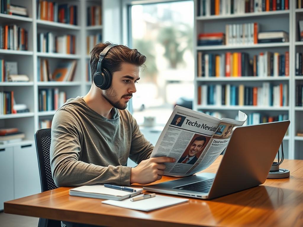 A focused individual sitting at a modern desk, listening to a podcast on headphones while reading a tech newsletter. The scene captures a bright and inspiring workspace with a laptop and notepad, showcasing a commitment to lifelong learning. The background features bookshelves filled with technology and business books, emphasizing knowledge and growth. The image should be rendered in high resolution with a close-up shot style, maintaining sharp details and vibrant colors.