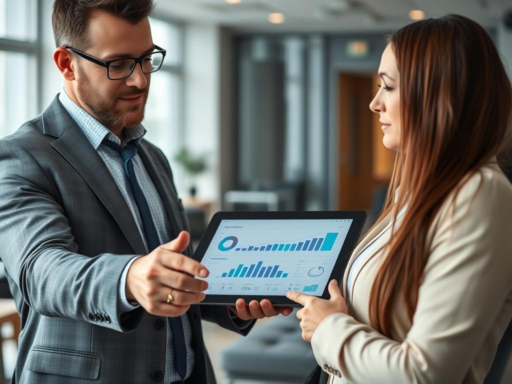 A hyper-realistic close-up shot of a professional consultant discussing ERP solutions with a client in an office setting. The consultant is pointing at a digital tablet displaying graphs and data. The background is softly blurred, focusing on the interaction between the consultant and the client. The color scheme incorporates rgb(50, 170, 39) to highlight the technology theme.