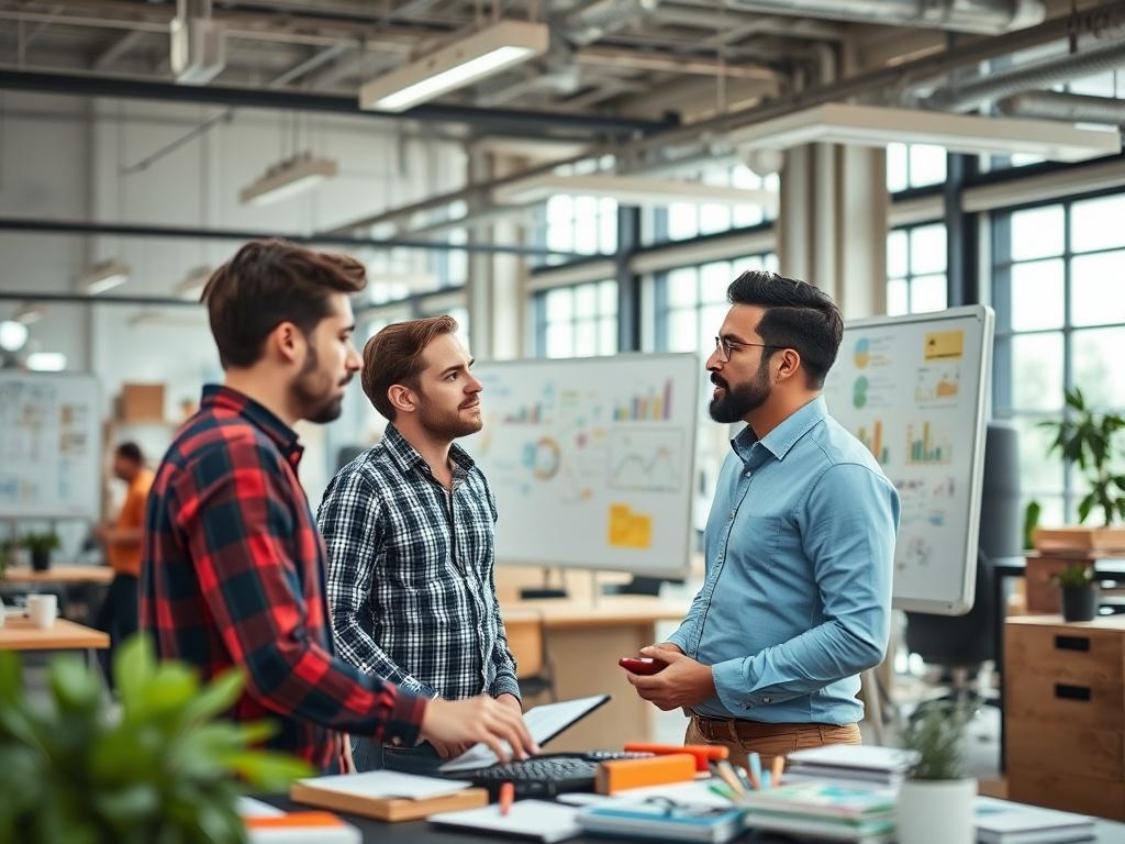 A startup factory development scene, showcasing a vibrant and collaborative workspace filled with diverse entrepreneurs brainstorming ideas. In the foreground, a group of three individuals are engaged in a discussion, surrounded by whiteboards filled with colorful charts and diagrams. The background features modern office furniture, large windows letting in natural light, and a creative atmosphere. The focus is on teamwork and innovation, capturing the essence of a startup factory environment.