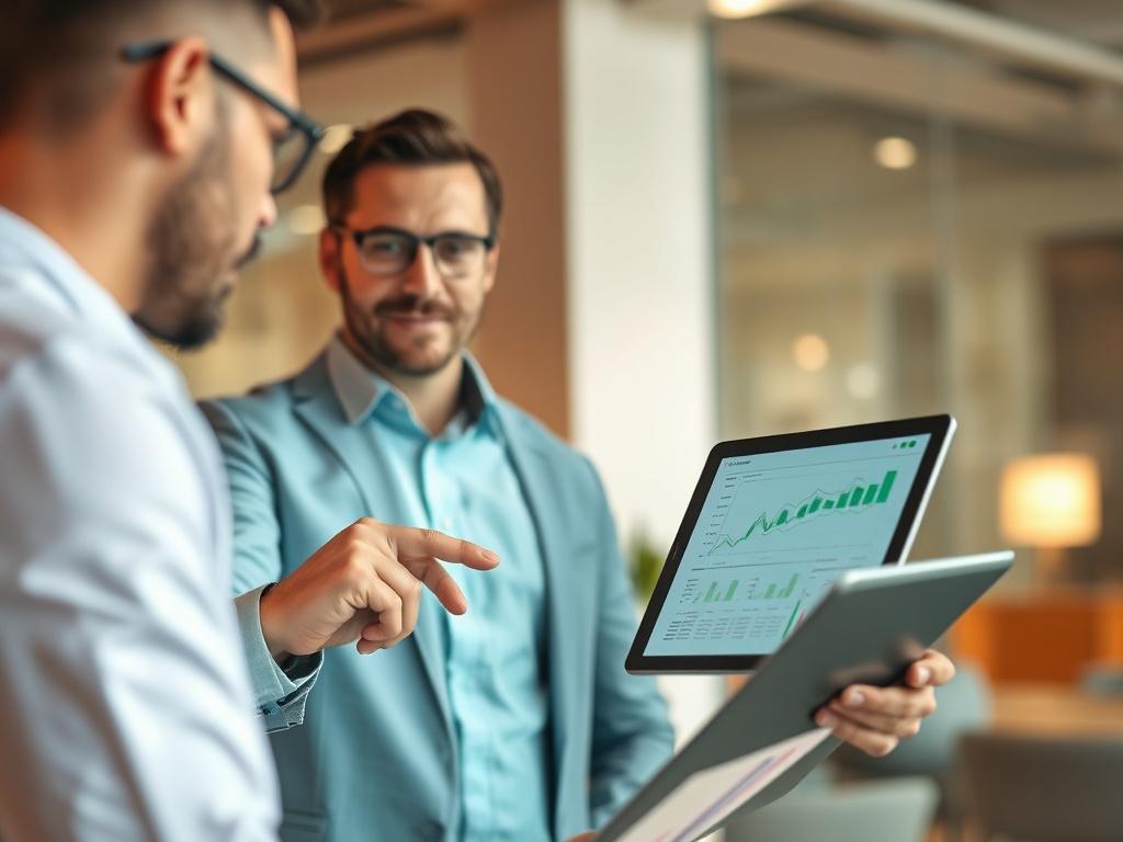 A hyper-realistic close-up shot of a business consultant engaged in a discussion with a client over digital transformation strategies. The consultant is pointing at a digital device displaying analytics data, while the client appears engaged and thoughtful. The background features a modern office setting with soft lighting, focusing on the consultant and client interaction in the foreground. The color palette should align with a vibrant green theme, reflecting innovation and growth.