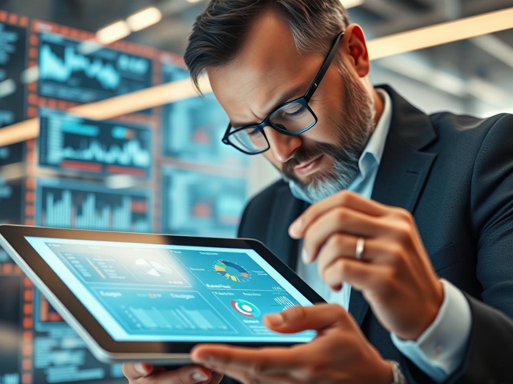A close-up of a technology consultant reviewing legacy system architecture on a digital tablet, with modern technology and data visuals in the background. The setting conveys a professional atmosphere, showcasing the consultant's expertise. The image should be hyper-realistic, captured with a 45mm f/1.2 lens, focusing on the details of the tablet and the consultant's analytical expression.