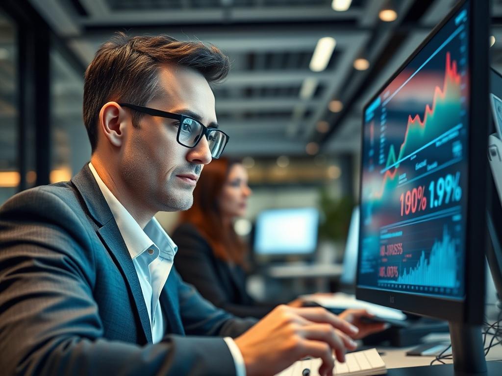 A close-up of a professional consultant working on a digital transformation strategy, surrounded by high-tech devices and analytics on a screen. The background features a modern office environment with a sleek design, emphasizing innovation and collaboration. The image should reflect a hyper-realistic style, shot with a 45mm f/1.2 lens, highlighting the consultant's focused expression and the details of the technology.