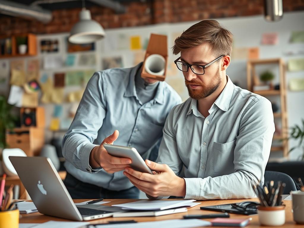 A close-up of a startup consultant guiding an entrepreneur in a creative workspace, surrounded by brainstorming notes and digital devices. The scene captures the essence of innovation and collaboration. The background should be dynamic yet organized, reflecting a vibrant startup atmosphere. The image should be hyper-realistic, shot with a 45mm f/1.2 lens, focusing on the interaction between the consultant and the entrepreneur.