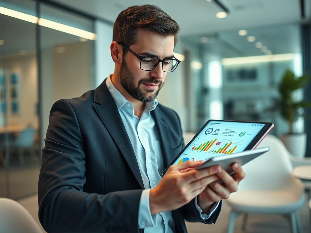A close-up shot of a business consultant interacting with a digital tablet, showcasing vibrant graphs and data related to the shared economy. The background should be a sleek, modern office environment with soft lighting, emphasizing a professional and innovative atmosphere. The color palette should include shades of green to reflect the primary color rgb(50, 170, 39). The focus should be on the consultant's engaged expression and the tablet's screen.