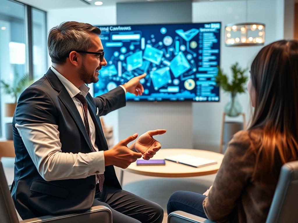 A close-up shot of a professional consultant discussing blockchain technology with a client. The setting is a modern office with sleek furniture and a digital screen displaying blockchain graphics in the background. The consultant is pointing at the screen, illustrating concepts of cryptocurrencies, with a confident and approachable demeanor. The lighting is bright and inviting, emphasizing a collaborative atmosphere.