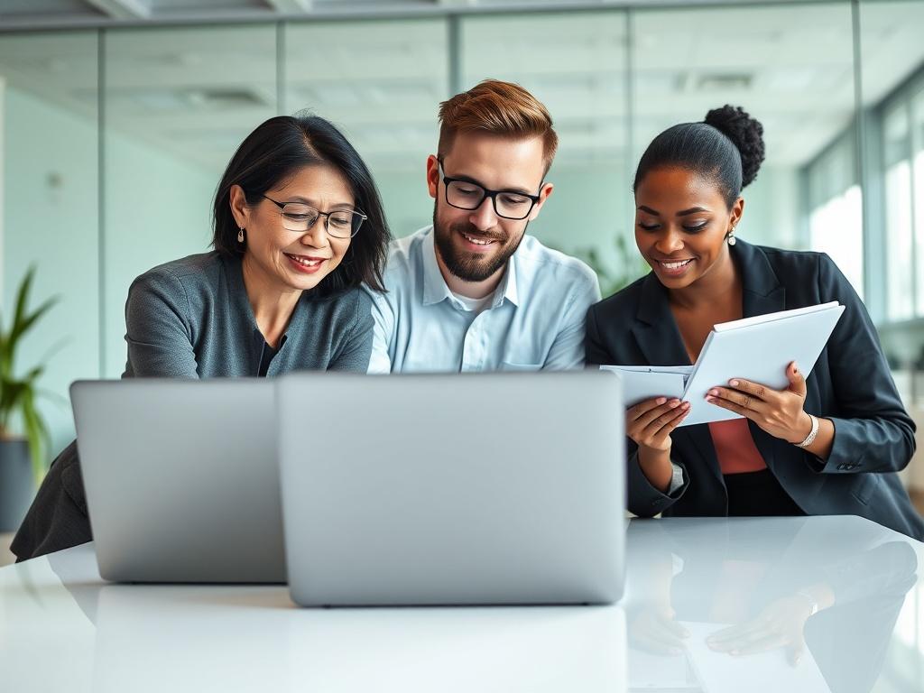A high-resolution close-up shot of a diverse team brainstorming over digital strategy on a sleek white table. The team consists of three professionals: a middle-aged Asian woman with glasses, a young Caucasian man with a laptop open in front of him, and a Black woman taking notes with a notepad. The background features a modern office with subtle green accents. The image should convey a sense of collaboration and innovation.