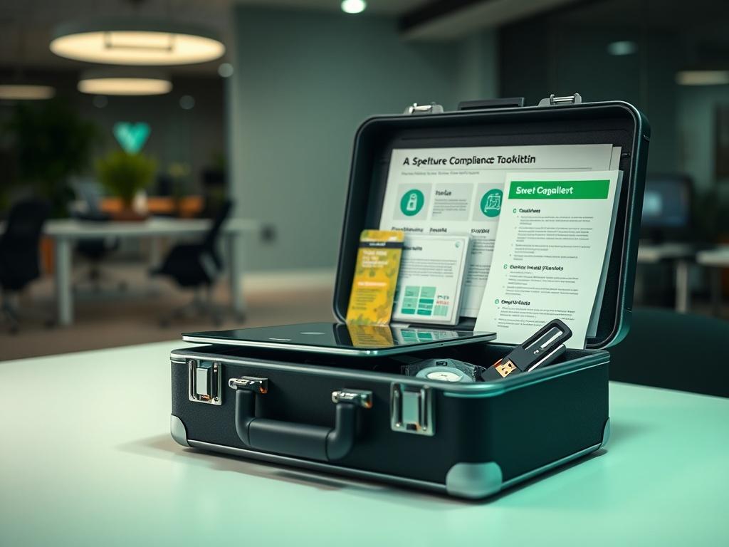A close-up shot of a cybersecurity compliance toolkit, featuring a sleek, modern design. The toolkit is open, displaying well-organized compartments filled with various tools like a laptop, USB drives, security software guides, and a checklist. The background is a simple, blurred office setting that suggests professionalism and focus. The color scheme incorporates shades of green to align with the primary color rgb(50, 170, 39). The image is rendered in hyper-realistic detail, shot with a 45mm f/1.2 lens.