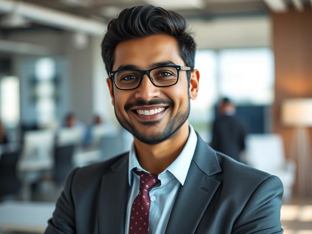 A close-up shot of a confident business professional, Vishal Harnal, smiling and looking directly at the camera. He is dressed in a smart business suit, standing in an office environment with soft natural light. The background features a blurred modern office setting, giving a sense of professionalism. The image should have a focus on Vishal's face, showcasing his engagement and satisfaction, with the primary color rgb(50, 170, 39) subtly incorporated into his accessories or the office decor.