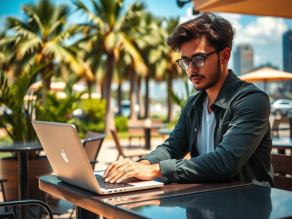 **AI Image Generation Prompt:**

Create a realistic high-resolution photo that embodies the essence of the blog titled "Top Digital Nomad Business Ideas for 2026: Work from Anywhere While Living Your Dream". The composition should feature a single subject—a modern young professional, comfortably working on a sleek laptop, seated outdoors at a stylish café table. The subject should exude confidence and creativity, dressed in casual yet polished attire, with a focused expression as they engage with their work