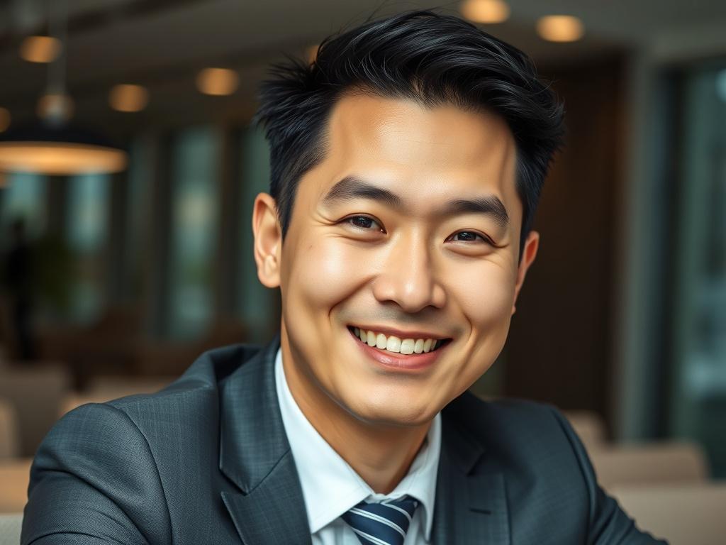 A close-up shot of a professional Asian male in a business suit, sitting in a modern office environment. The background should be softly blurred, focusing on the subject's expression of satisfaction and confidence. He is smiling slightly, looking directly at the camera, indicating a positive experience. The image should capture a sense of professionalism and trust, with natural lighting enhancing his features.