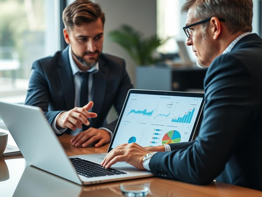 A close-up shot of a consultant working with an SME owner on a digital transformation strategy. The scene should depict a clean, modern office environment with a laptop open displaying graphs and analytics. The consultant is gesturing towards the laptop screen, engaged in discussion, while the SME owner looks attentive and interested. The background should be softly blurred, emphasizing the interaction between the two individuals. The color scheme should harmonize with the primary color rgb(50, 170, 39).