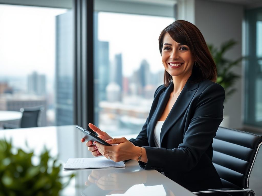 A professional woman in her mid-30s with dark hair, wearing a smart blazer, sitting at a sleek modern desk in a contemporary office space. She has a confident and approachable smile, holding a tablet in one hand while gesturing with the other. The background features a blurred view of city skyscrapers through a large window, with a touch of greenery in the foreground. The color scheme is harmonious, incorporating the primary color rgb(50, 170, 39) subtly in decor elements.