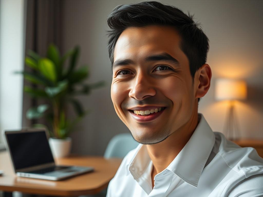 A close-up shot of a professional-looking man in a modern office setting, smiling confidently. He has short black hair and is wearing a crisp white shirt with the sleeves rolled up. The background shows a sleek desk with a laptop and a potted plant, creating a warm and inviting atmosphere. The composition is simple and clear, focusing solely on the subject, with the primary color theme of rgb(50, 170, 39) subtly incorporated in decor elements.