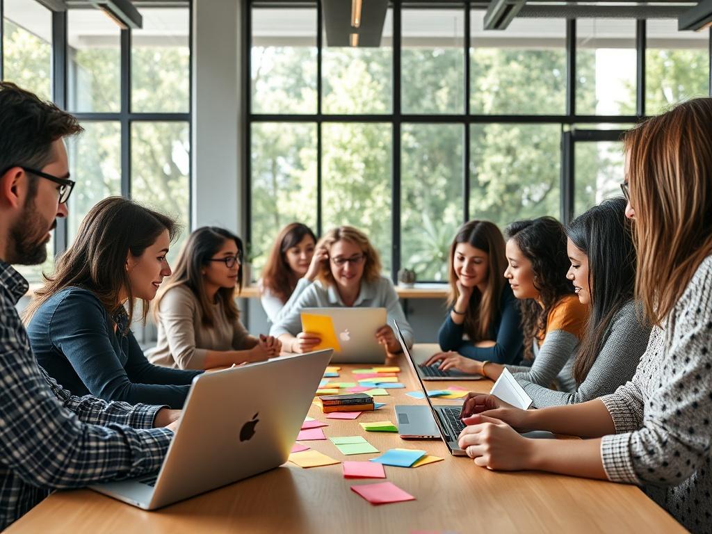 A close-up shot of a dynamic startup team of 5-12 employees engaged in a brainstorming session. The scene captures diverse individuals collaborating around a table, with laptops open and colorful sticky notes scattered around. The background is a modern office space with large windows letting in natural light, a hint of greenery visible outside. The atmosphere is energetic and focused, showcasing teamwork and creativity, shot with a 45mm f/1.2 lens.