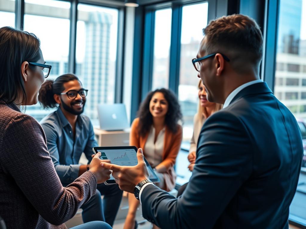 A close-up shot of a professional consultant discussing digital strategies with a small group of diverse entrepreneurs in a modern office setting. The focus is on the consultant gesturing towards a digital device, such as a tablet or laptop, displaying analytics and growth charts. The background features sleek office furniture and a large window letting in natural light, creating a collaborative atmosphere. The scene should be vibrant and engaging, reflecting innovation and teamwork.