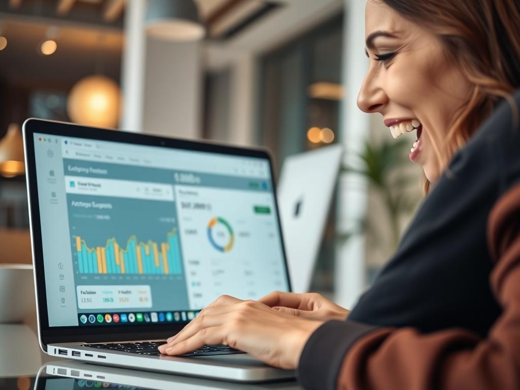 A close-up shot of a person excitedly checking their laptop screen, showing a dashboard with earnings and commissions. The background is a modern office space with soft lighting, emphasizing a sense of success and achievement. The focus is on the laptop screen and the person's facial expression, conveying joy and satisfaction. The overall composition should be simple and clear, with an emphasis on the financial success represented on the screen.