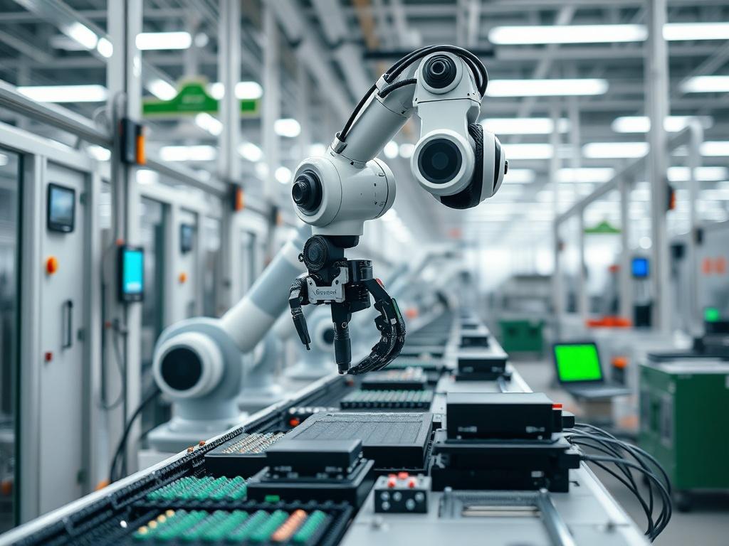 A close-up shot of a modern smart factory environment showcasing advanced manufacturing technology. The image should capture a robotic arm assembling products on a production line, with a backdrop of sleek machinery and digital displays. The factory should reflect a clean, organized space with green elements to symbolize sustainability. The composition should be clear and focused, highlighting the robotic technology as the main subject, with a bright and vibrant atmosphere.