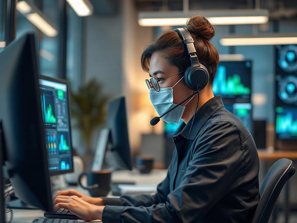 A hyper-realistic close-up shot of a customer service representative using advanced AI technology on a computer, surrounded by IT-related tools and screens. The background is a modern office setting, with a soft focus to emphasize the representative's engagement with the AI system. The primary color theme incorporates rgb(50, 170, 39) to reflect the brand's identity.