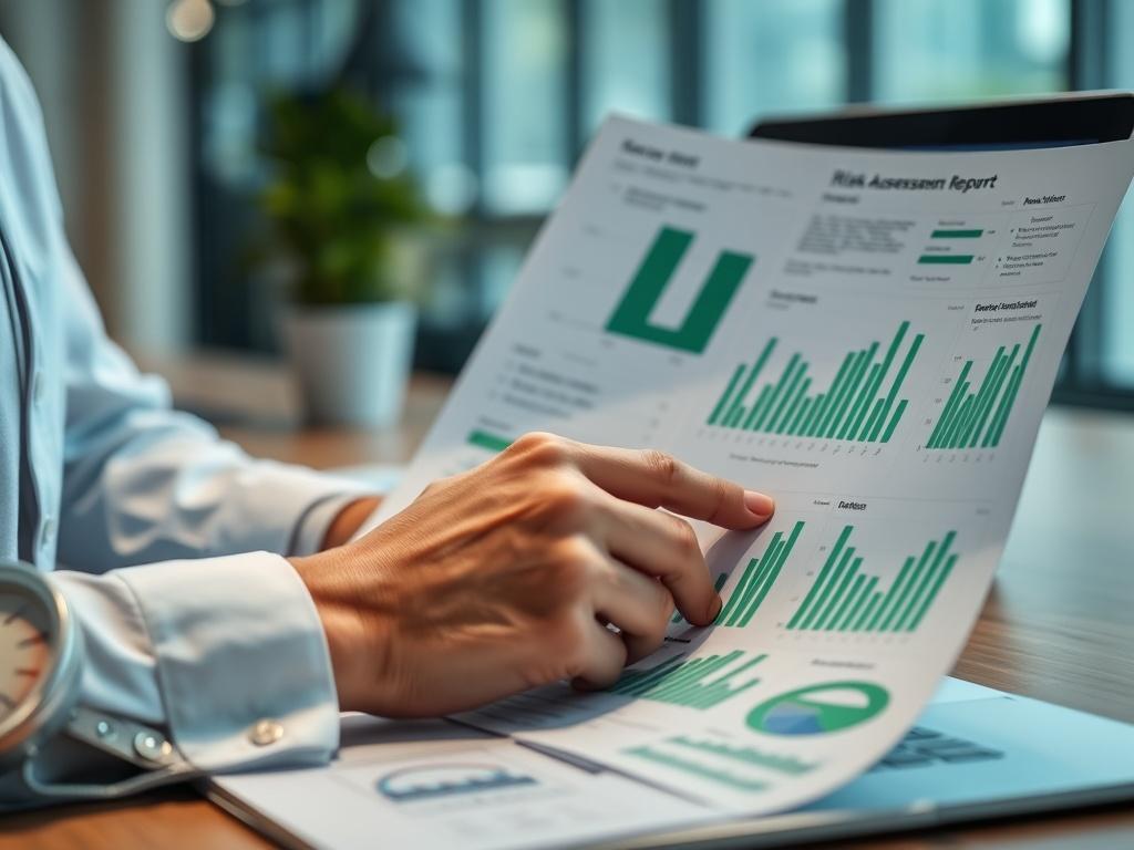 A close-up shot of a professional consultant reviewing a detailed risk assessment report, showcasing charts and data analysis. The setting is an office environment with a modern desk and a laptop in the background. The focus is on the consultant's hands and the report, with a blurred background. The color scheme incorporates shades of green to align with rgb(50, 170, 39), creating a fresh and professional feel.